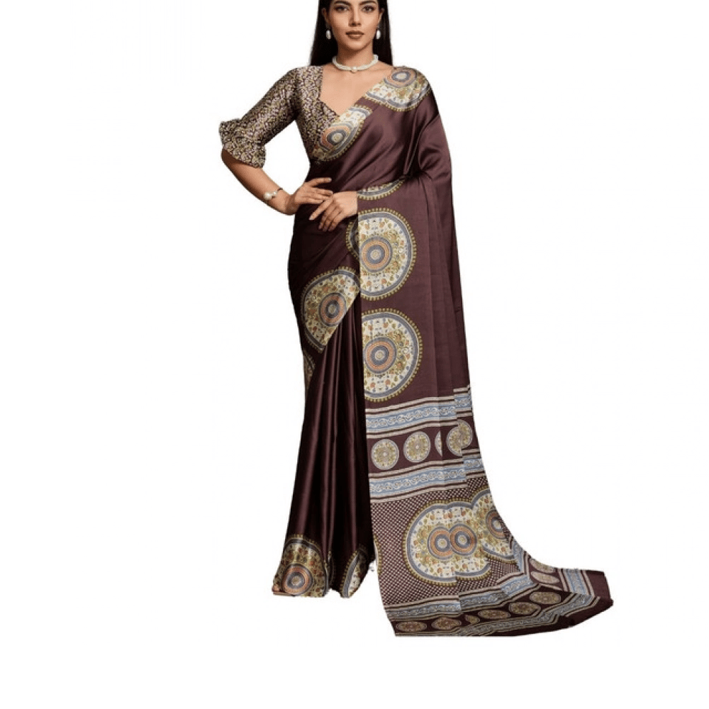 womens satin crepe printed saree with unstitched blouse 5.5mtr brown pid65091