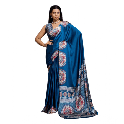 womens satin crepe printed saree with unstitched blouse 5.5mtr blue pid65096