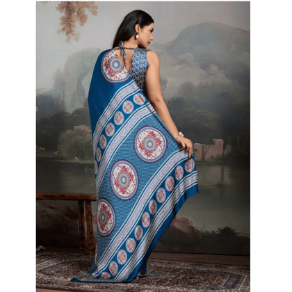 womens satin crepe printed saree with unstitched blouse 5.5mtr blue pid65096