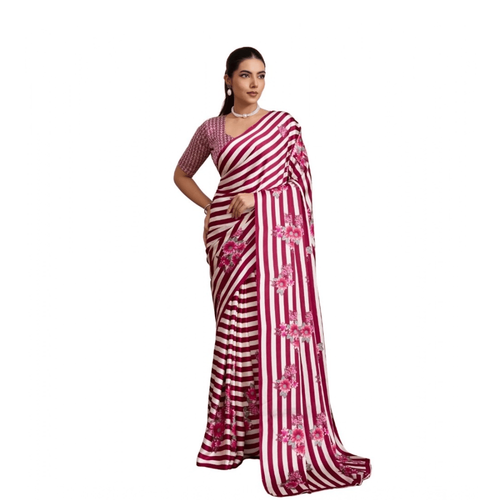 womens satin crepe printed saree with unstitched blouse 5.5mtr maroon pid65098
