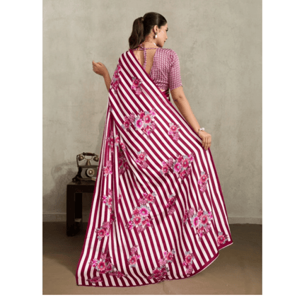 womens satin crepe printed saree with unstitched blouse 5.5mtr maroon pid65098