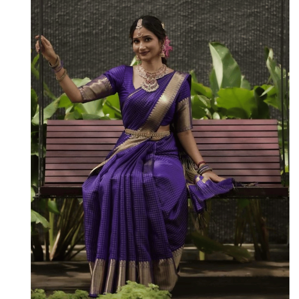 womens banarasi silk printed saree with unstitched blouse 5.5mtr purple pid65151