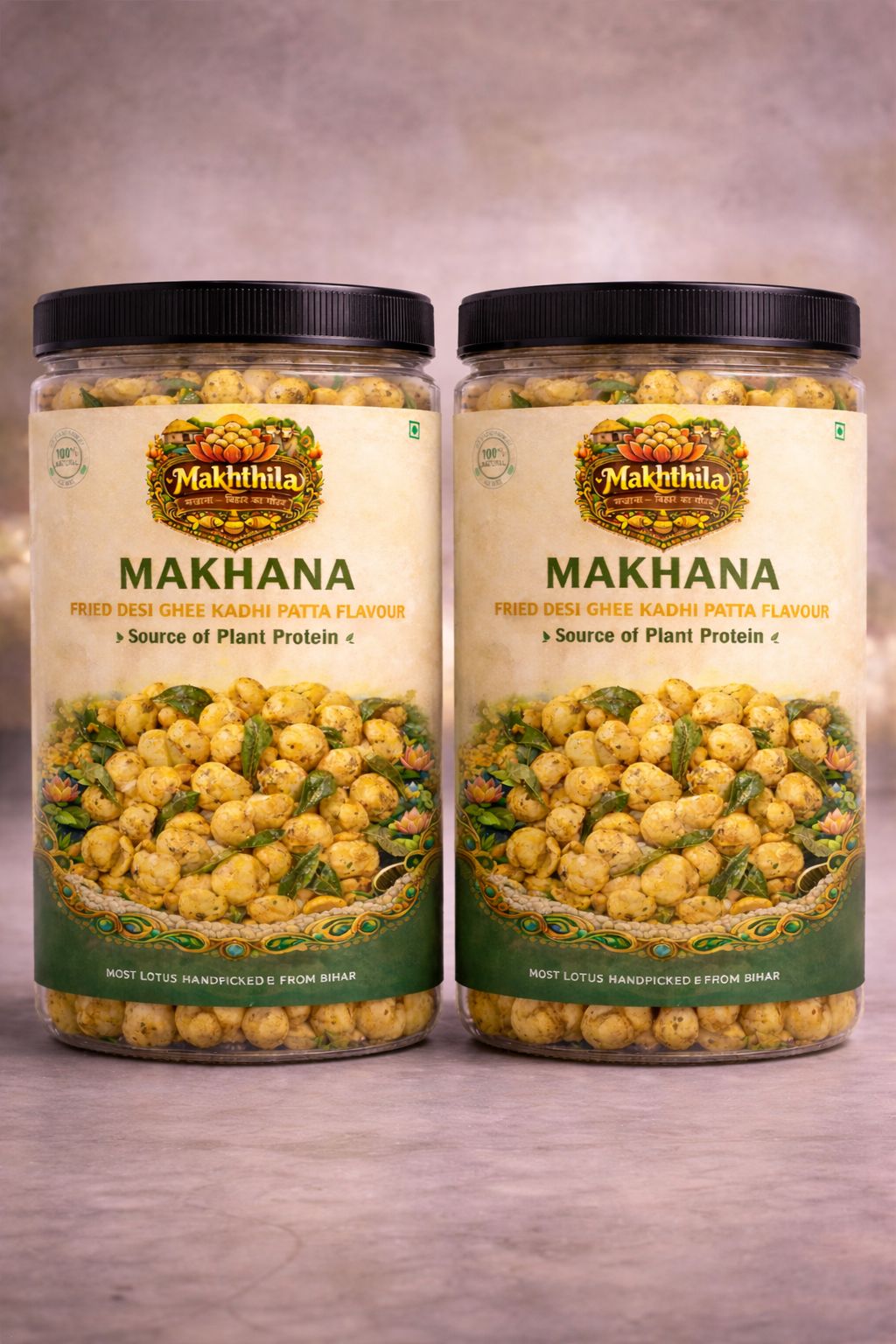 MAKHTHILA - Premimum Roasted Masala Fried Desi Ghee Kadhi Patta Flavour Protein Makhana – Crunchy, Flavorful & Protein-Rich Snack | Lotus Seed with Kadhi Patta Fry