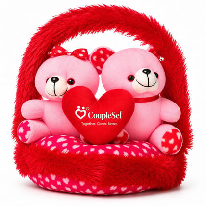 Couple Love Teddy Bears in Heart Basket – Romantic Gift for Couples