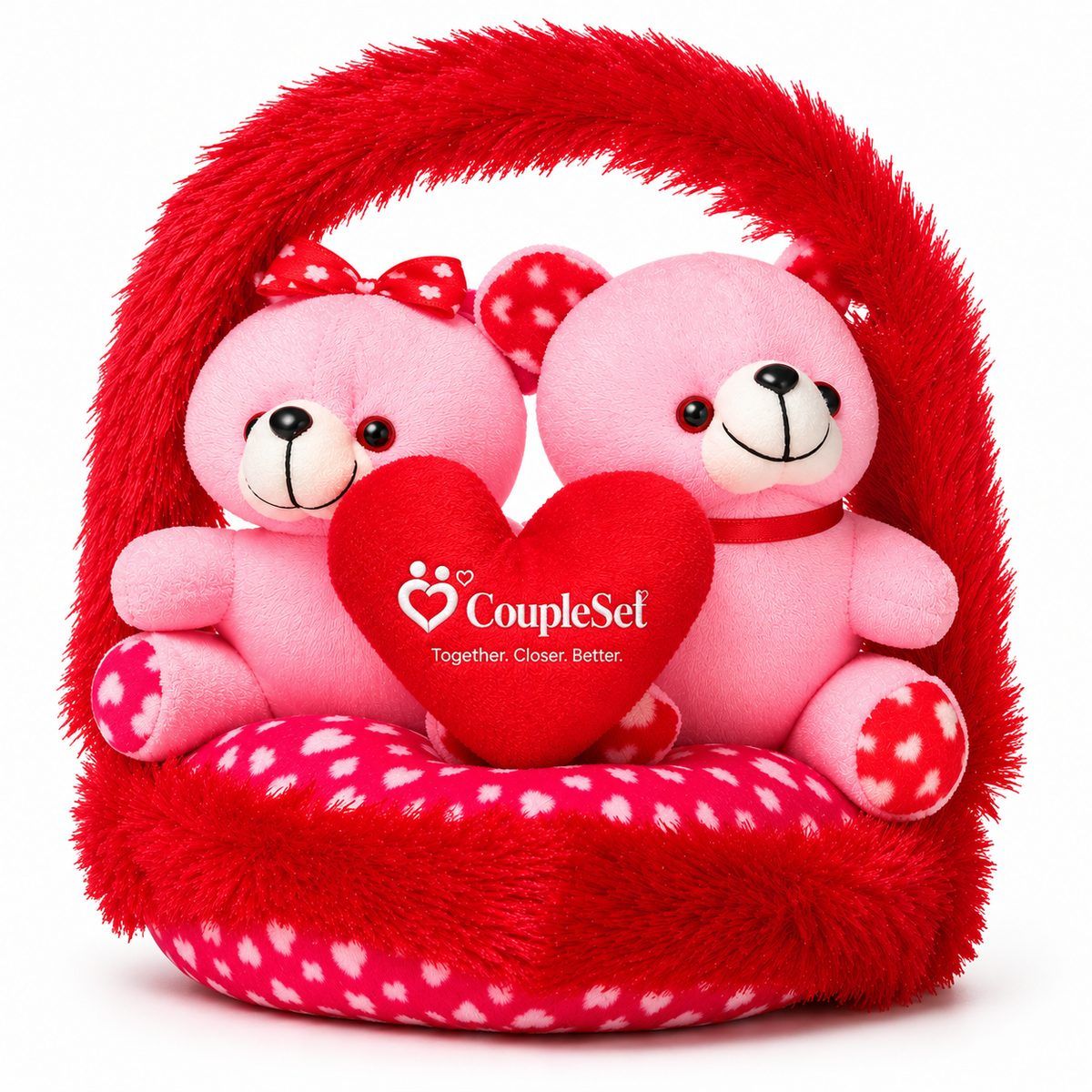 Couple Love Teddy Bears in Heart Basket – Romantic Gift for Couples