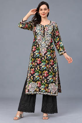 Mrs Right Women’s Black Multicolour Floral Printed Cotton Kurta with Lucknowi Chikankari Embroidery, 3/4 Sleeve, Below Knee Length 46 Inch