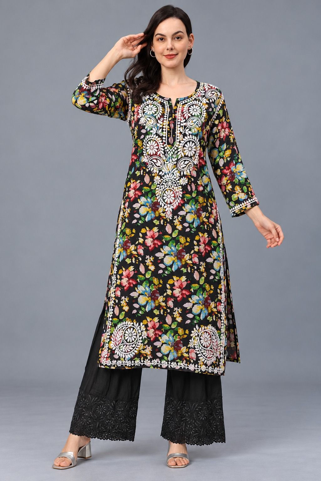 Mrs Right Women’s Black Multicolour Floral Printed Cotton Kurta with Lucknowi Chikankari Embroidery, 3/4 Sleeve, Below Knee Length 46 Inch