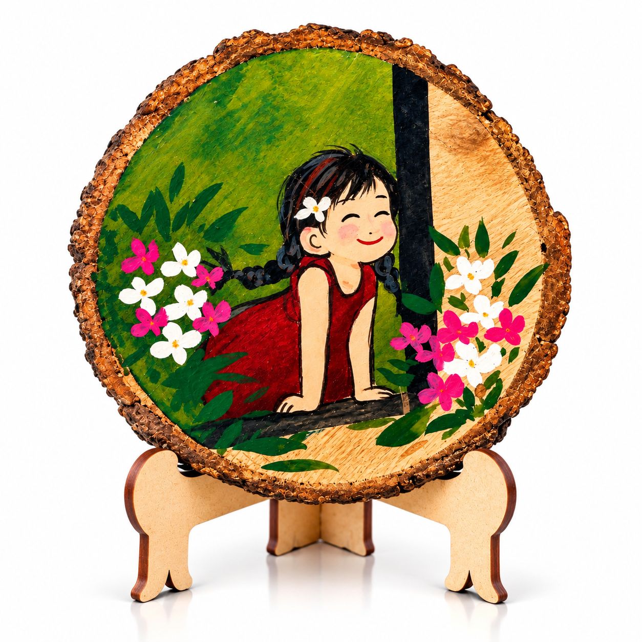 Artdora Handcrafted Mango Wood Decorative Plaque with Stand | Hand-Painted Girl & Floral Artwork | Tabletop Home Décor Showpiece