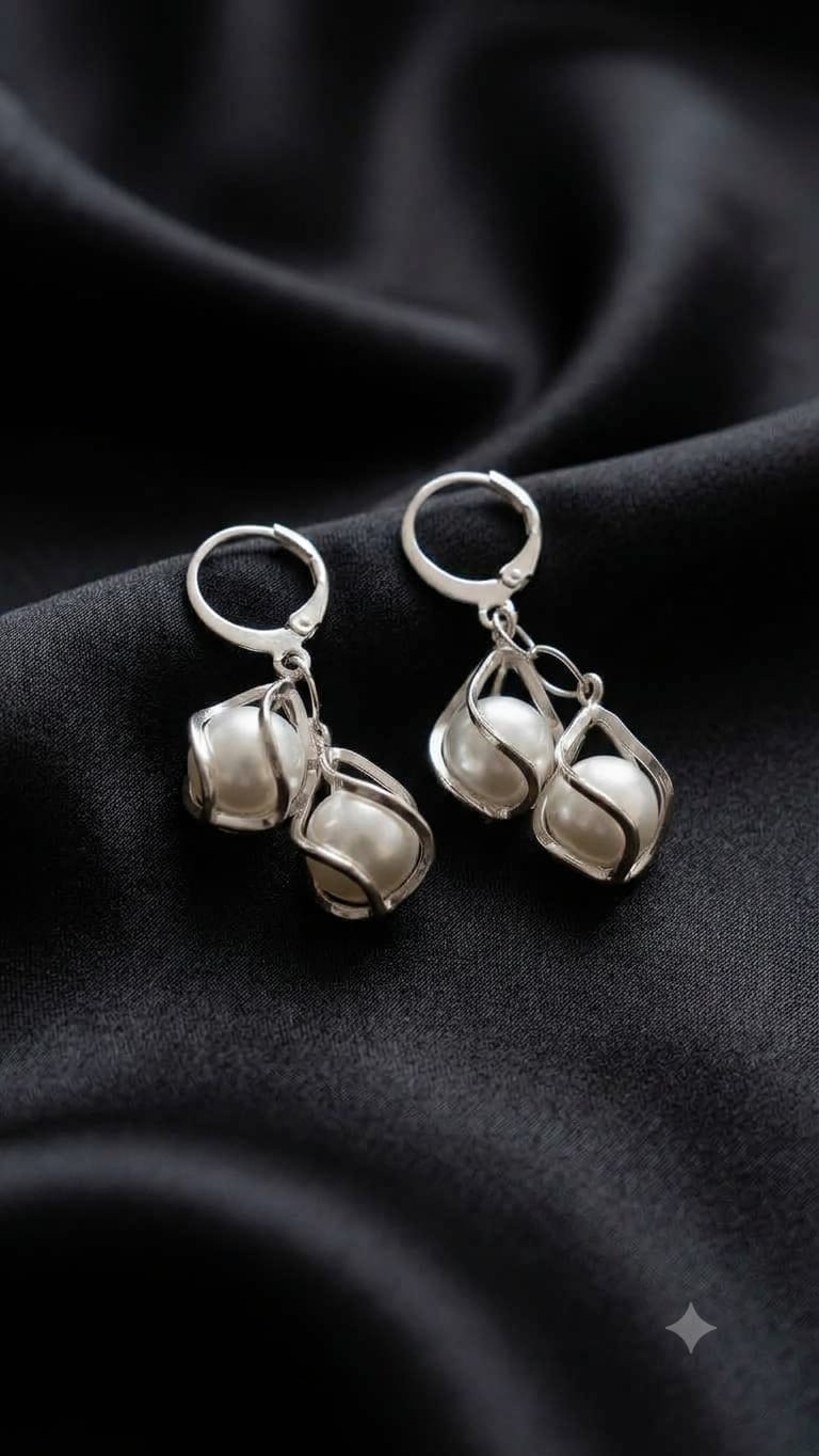 Minimalist Rhodium-Plated Spiral Pearl Dangler Earrings