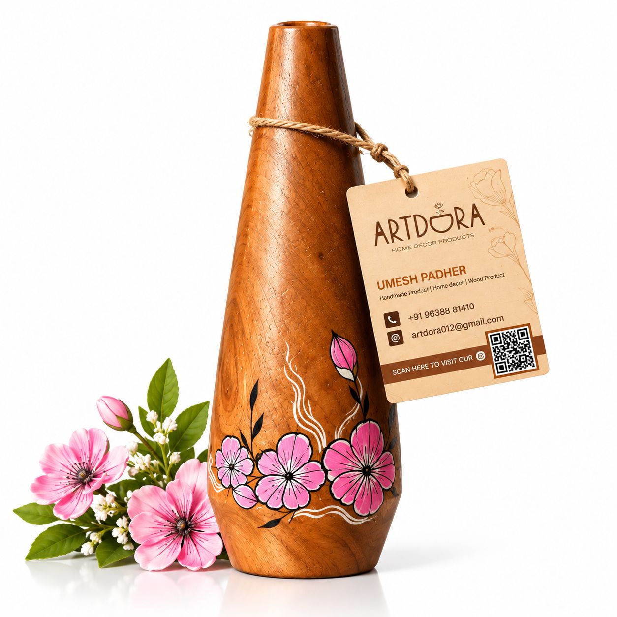 Artdora Handcrafted Mango Wood Decorative Vase | Hand-Painted Floral Wooden Flower Vase for Home & Office Décor | Tabletop Showpiece