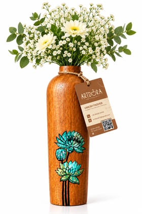 Artdora Handcrafted Mango Wood Decorative Vase | Hand-Painted Floral Wooden Flower Vase | Tabletop Showpiece for Home, Office & Gifting