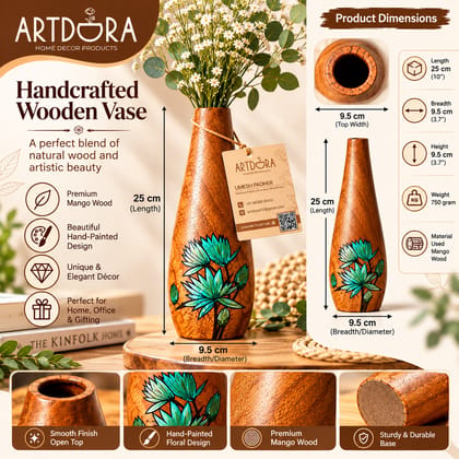 Artdora Handcrafted Mango Wood Decorative Vase | Hand-Painted Floral Wooden Flower Vase | Tabletop Showpiece for Home, Office & Gifting