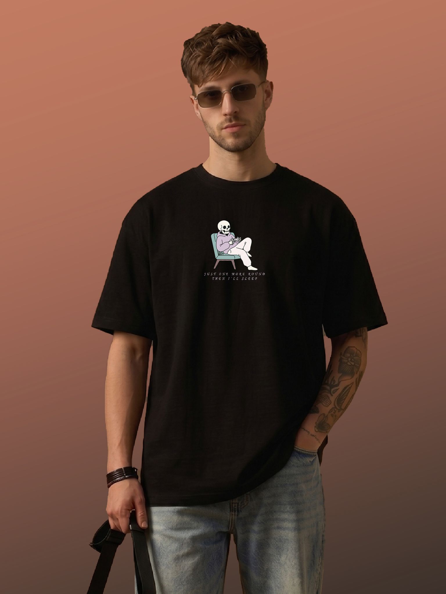 The Retro India Men’s Oversized Black Cotton T-Shirt Minimal Skeleton Graphic Print | Premium DTF Printed Stylish Streetwear Tee | Trendy Designer Mens Oversize Fit Casual Wear