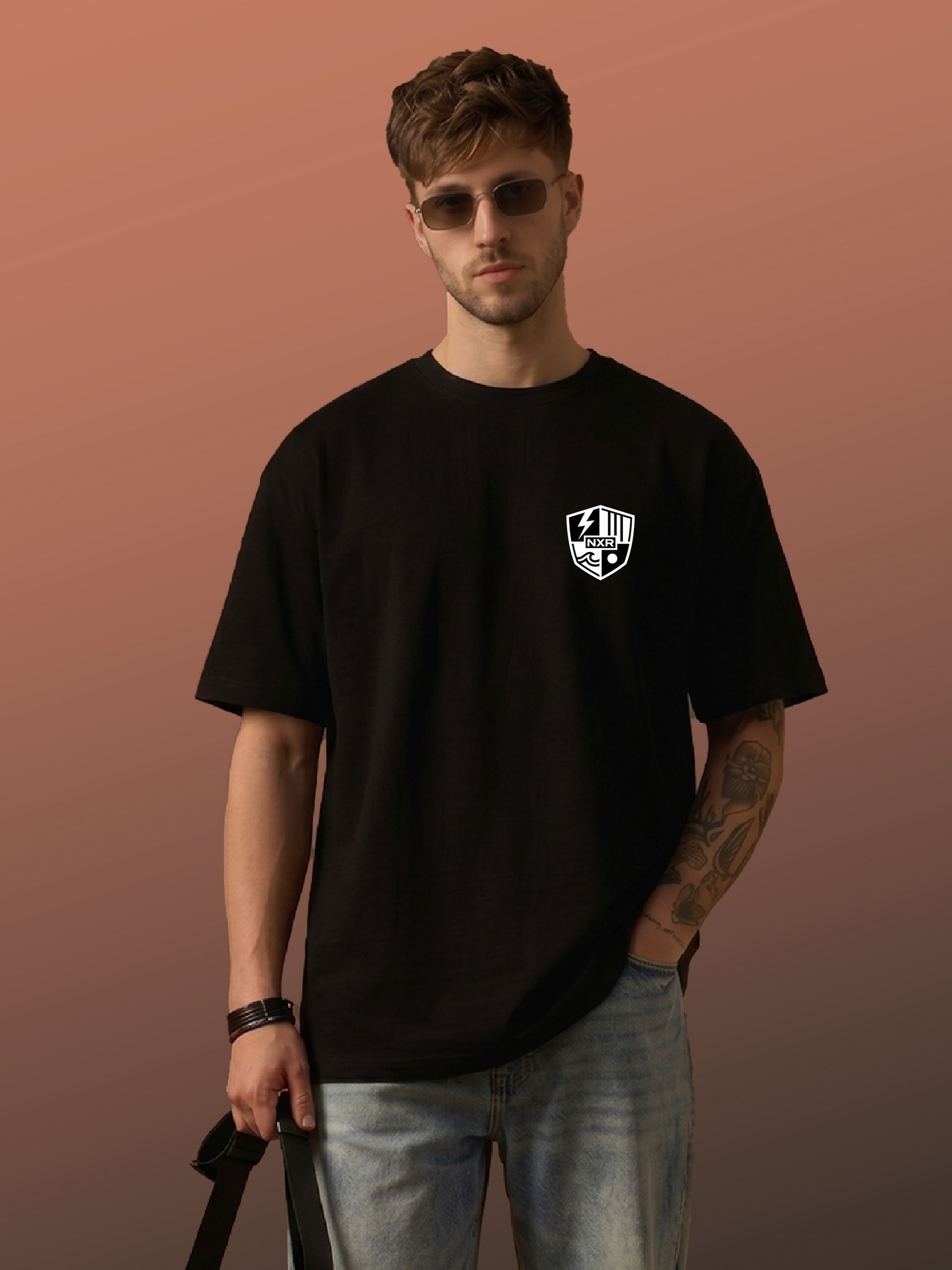The Retro India Black Oversized Cotton T-Shirt for Men with Minimal NXR Logo | Premium Streetwear Solid Tee | Soft Breathable Fabric Casual Trendy Loose Fit Designer Wear