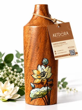 Artdora Handcrafted Mango Wood Decorative Vase | Hand-Painted Lotus Floral Wooden Showpiece | Acrylic Art Tabletop Décor for Home, Office & Gifting
