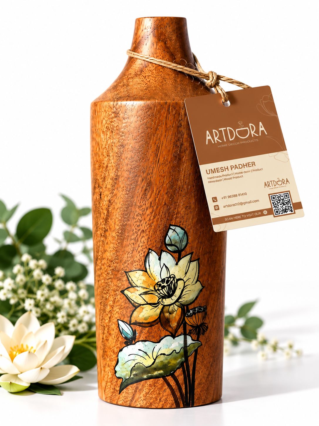 Artdora Handcrafted Mango Wood Decorative Vase | Hand-Painted Lotus Floral Wooden Showpiece | Acrylic Art Tabletop Décor for Home, Office & Gifting