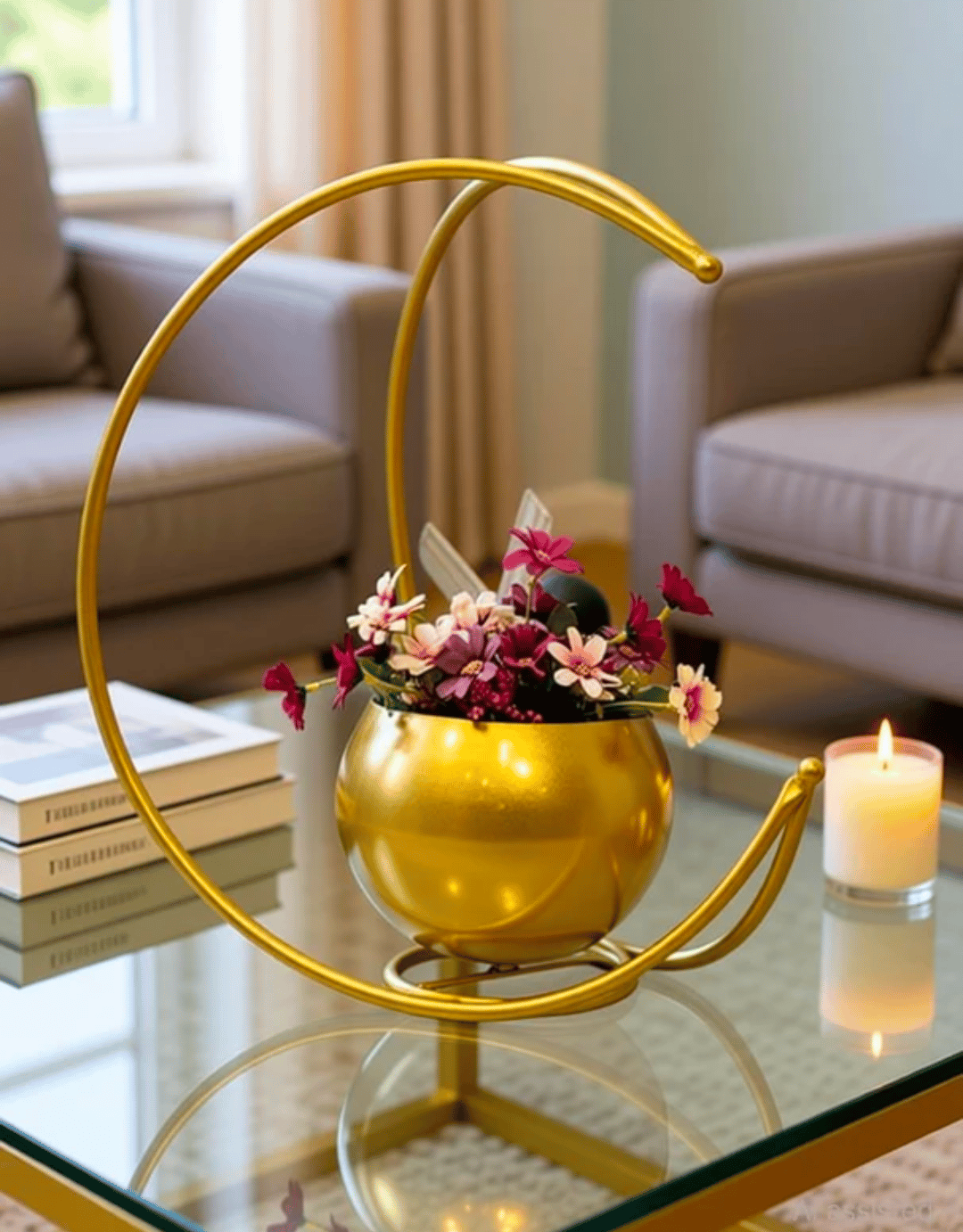 Gold Crescent Moon Plant Stand with Round Pot for Tabletop Display