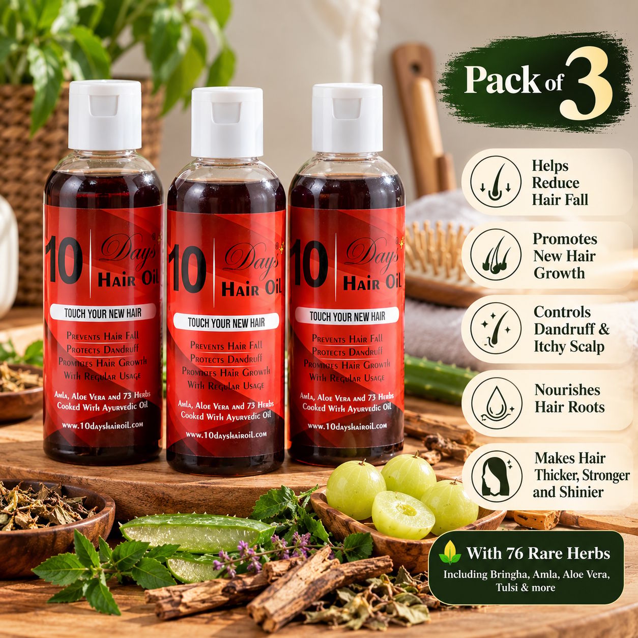 10 Days Hair Oil (Pack of 3 - 300ml) – Ayurvedic Hair Regrowth & Anti-Hair Fall Treatment with 76 Herbs