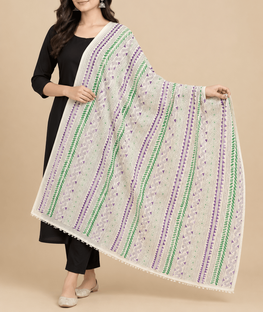 Kantha Embroidery Pure Tussar Silk Dupatta
