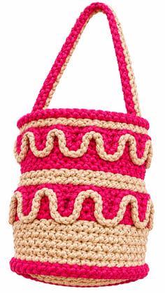 Handmade Wavy Crochet Bucket Bag with Top Handle - Pink & Beige Handmade Wavy Crochet Bucket Bag with Top Handle - Pink & Beige