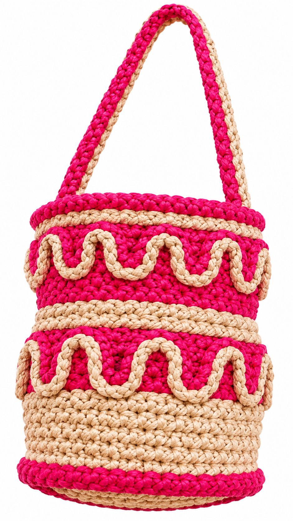 Handmade Wavy Crochet Bucket Bag with Top Handle - Pink & Beige