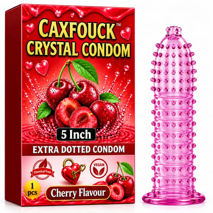 Caxfouck Crystal Condom Cherry Flavor 5 Inch Extra Dotted & Comfort Reusable Condom (1 Pc)
