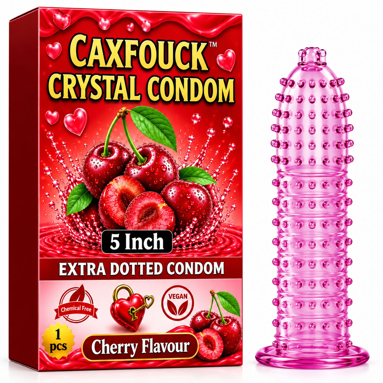 Caxfouck Crystal Condom Cherry Flavor 5 Inch Extra Dotted & Comfort Reusable Condom (1 Pc)
