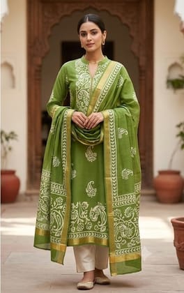 Women's Green Kalamkari Block Print Cotton Blend Suit with Dupatta Women's Green Kalamkari Block Print Cotton Blend Suit with Dupatta