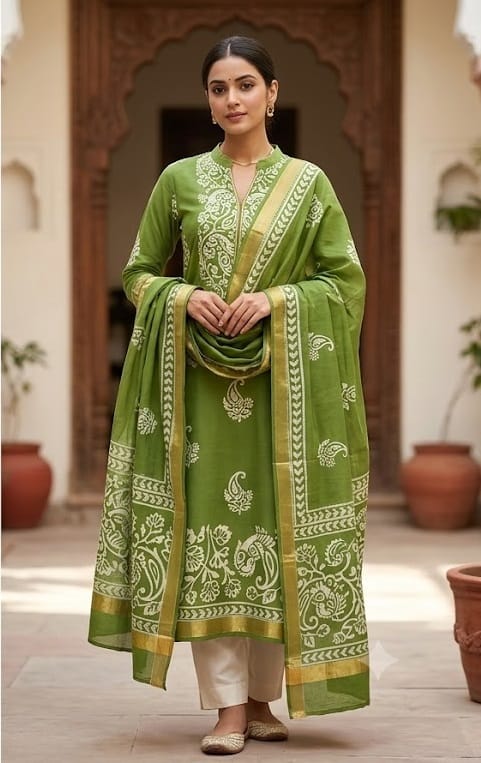 Women's Green Kalamkari Block Print Cotton Blend Suit with Dupatta