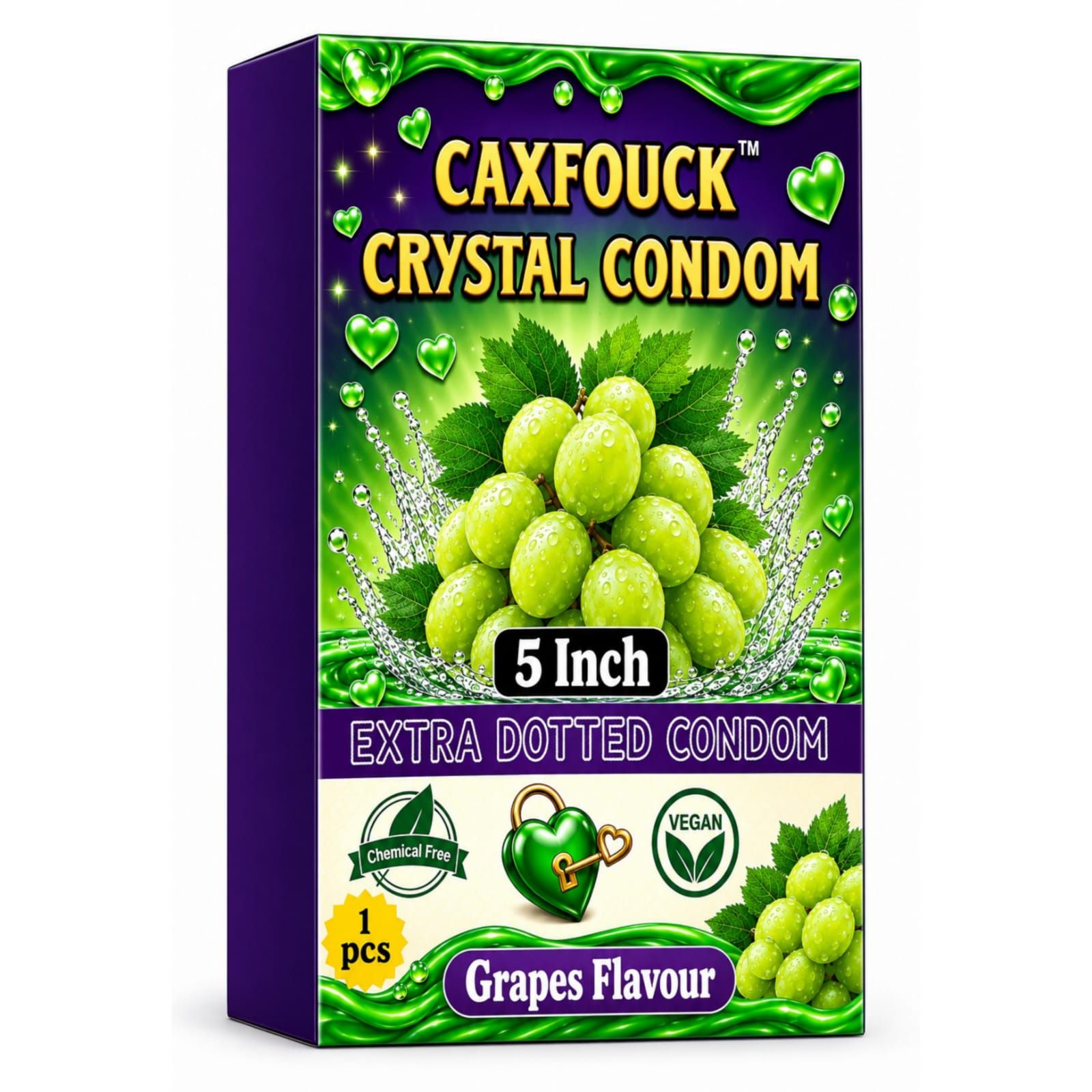 Caxfouck Crystal Condom Grapes Flavor 5 Inch Extra Dotted & Comfort Reusable Condom (1 Pc)