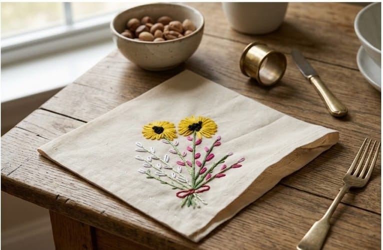 Hand Embroidered Wildflower Bouquet Linen Dinner Napkin