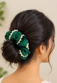 10 Pack Green & CreamTrim Cotton Hair Scrunchies