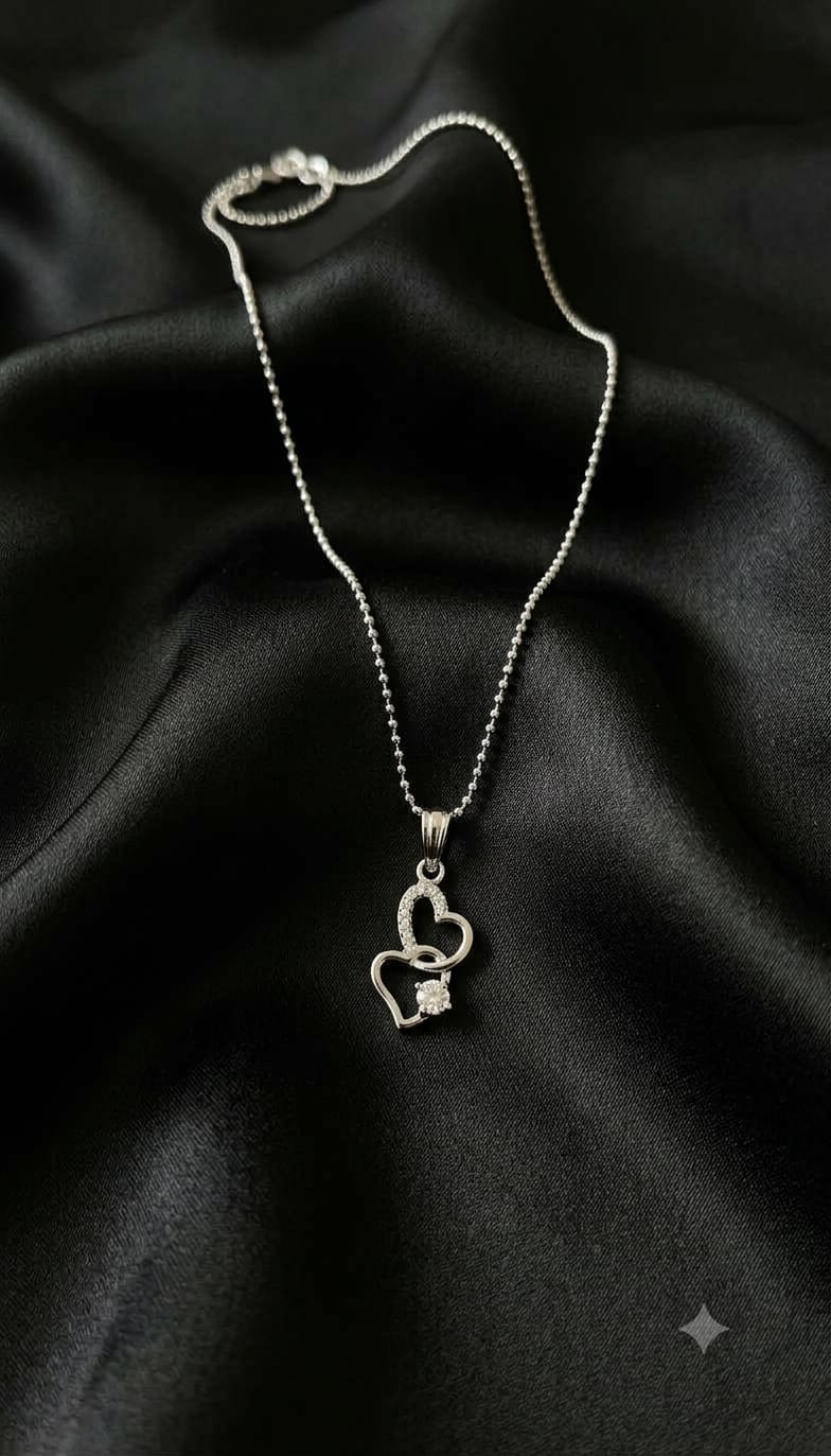Silver Cubic Zirconia Twin Heart Pendant Necklace(light copper colour with white stones)
