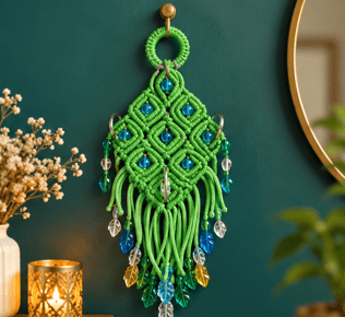 Handmade Green Macrame Wall Hanging with Beads and Leaf Charms