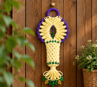 Handmade Cream & Purple Macrame Wall Hanging Art with Green Beads