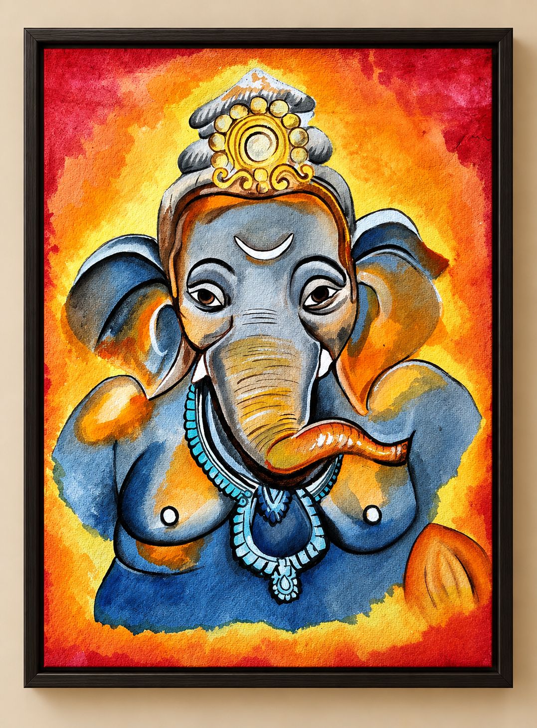 Hand-Painted Lord Ganesha Watercolour Painting – Framed A3 Wall Art