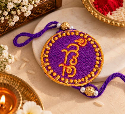 Handmade Purple Embroidered Rakhi with Gold Beads Set of 6