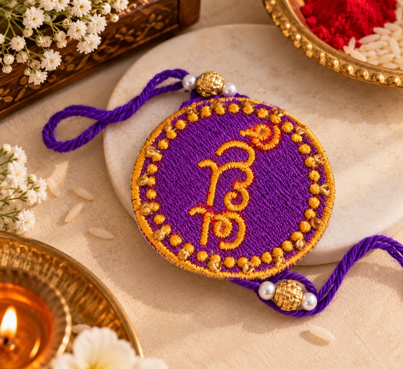 Handmade Purple Embroidered Rakhi with Gold Beads Set of 6