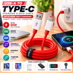 USB-A to Type-C 65W Fast Charging Data Cable (1 Meter, Red)