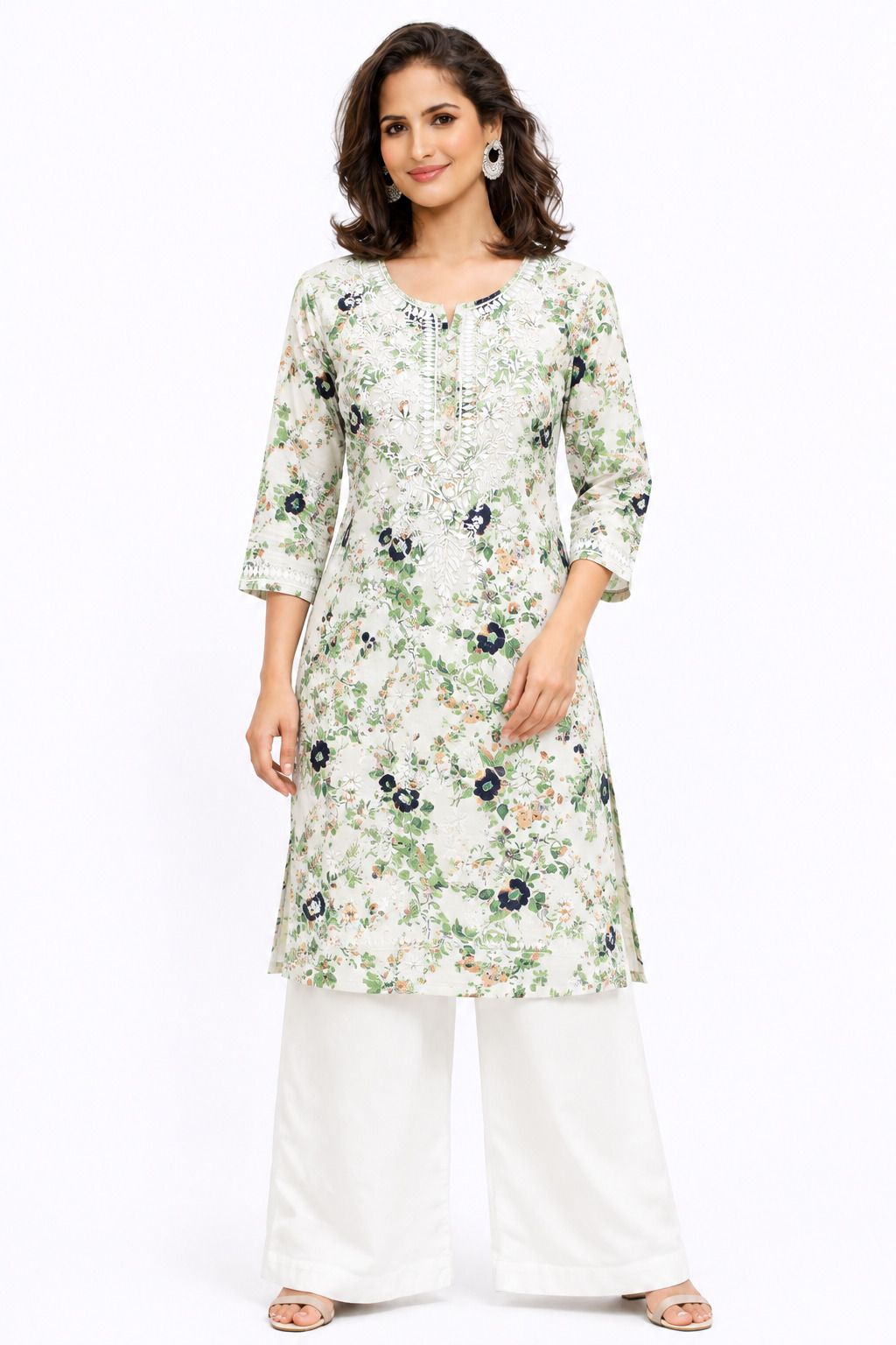 Women’s Printed Soft Cotton Chikankari Kurti with Lucknowi Hand Embroidery | 3/4 Sleeve | 46 Inch Length | Sizes 38-46