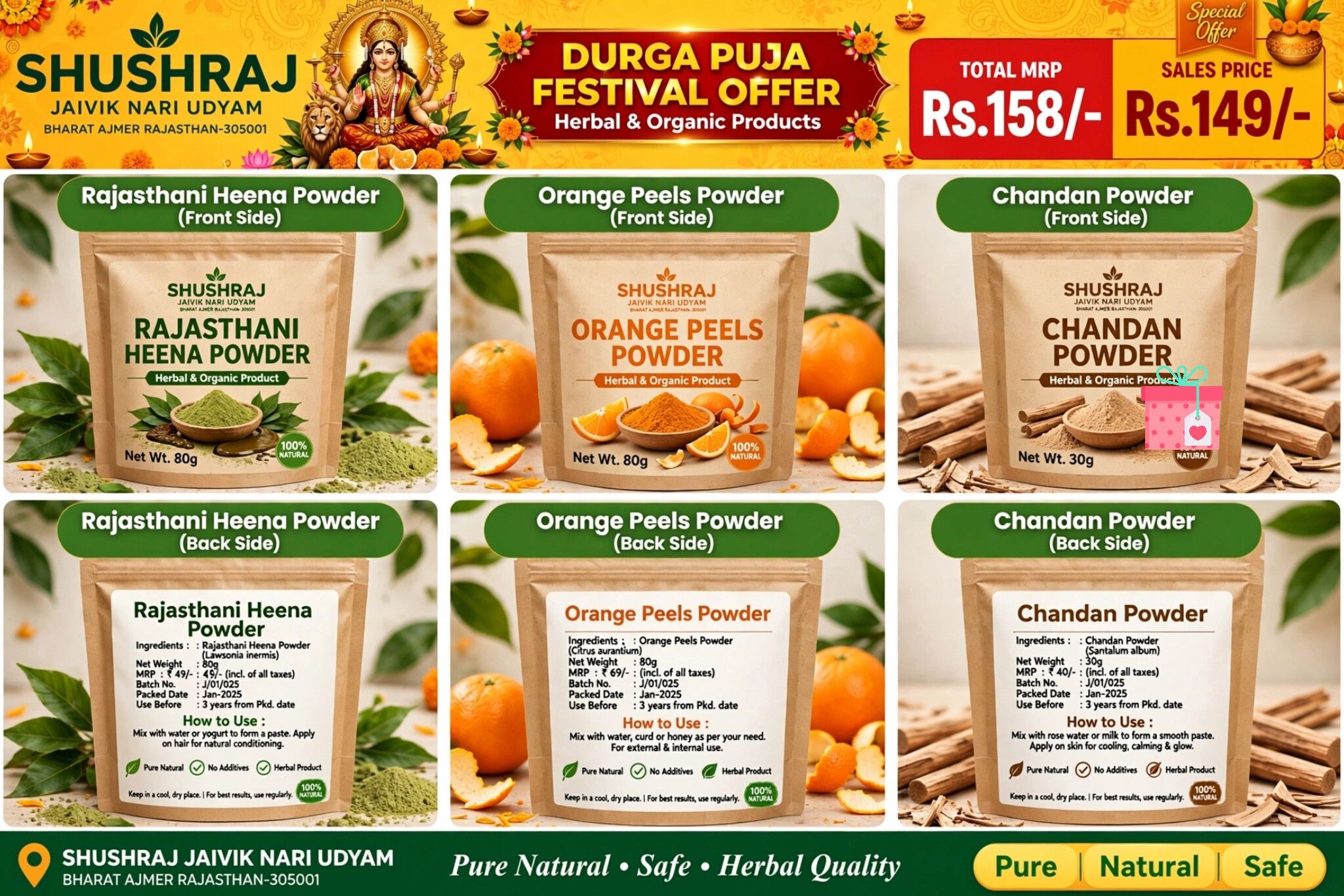 Shushraj Natural Herbal Powders Combo Set (Rajasthani Heena 80g, Orange Peels 80g & Chandan 30g)