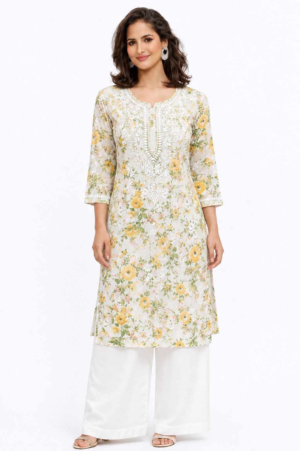 Women’s Printed Soft Cotton Chikankari Kurti with Lucknowi Hand Embroidery | 3/4 Sleeve | 46 Inch Length | Sizes 38-46