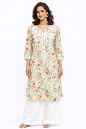 Women’s Printed Soft Cotton Chikankari Kurti with Lucknowi Hand Embroidery | 3/4 Sleeve | 46 Inch Length | Sizes 38-46