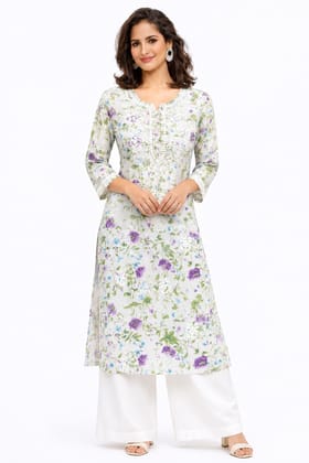 Women’s Printed Soft Cotton Chikankari Kurti with Lucknowi Hand Embroidery | 3/4 Sleeve | 46 Inch Length | Sizes 38-46