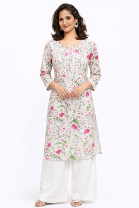 Women’s Printed Soft Cotton Chikankari Kurti with Lucknowi Hand Embroidery | 3/4 Sleeve | 46 Inch Length | Sizes 38-46