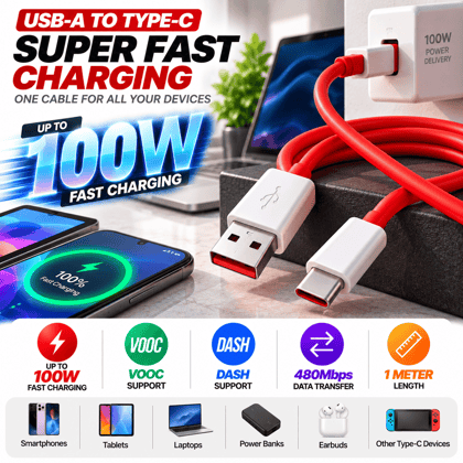 100W Fast Charging USB-A to Type-C Cable with VOOC/DASH Support - 1M, Red