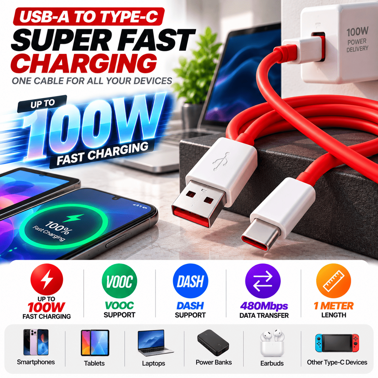 100W Fast Charging USB-A to Type-C Cable with VOOC/DASH Support - 1M, Red