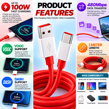 100W Fast Charging USB-A to Type-C Cable with VOOC/DASH Support - 1M, Red