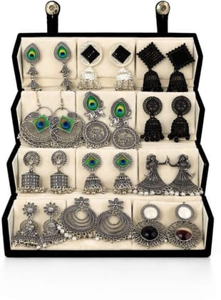12 Pairs Oxidized Silver Jhumka & Dangle Earring Set with Velvet Box