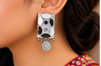 Navratri Mirror Work Earrings for Women | Silver Mirror & Coin Design